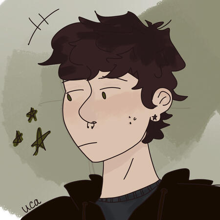 A drawing of myself! I’m a guy with dark brown fluffy hair and a septum. I wear a black jacket and a dark blue t shirt. I have green/brown eyes and the background of the drawing is also green with three poorly drawn stars in a darker shade of green.